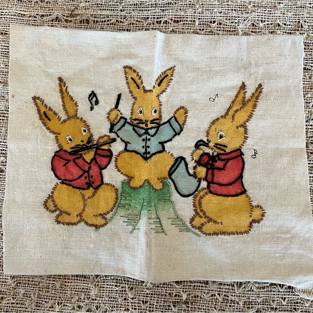 Vintage Bunny Trio Embroidered Fabric Art